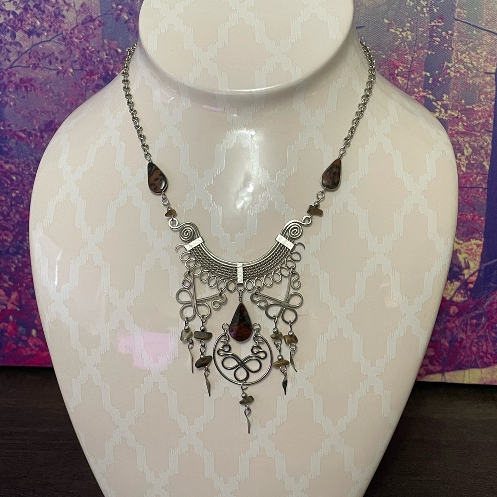 Silver and Brown Pendant Necklace with Teardrop Charms * Handmade‎ in Thailand